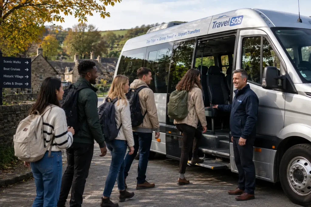 Group boarding a Travel SOS minibus with a driver for a day out