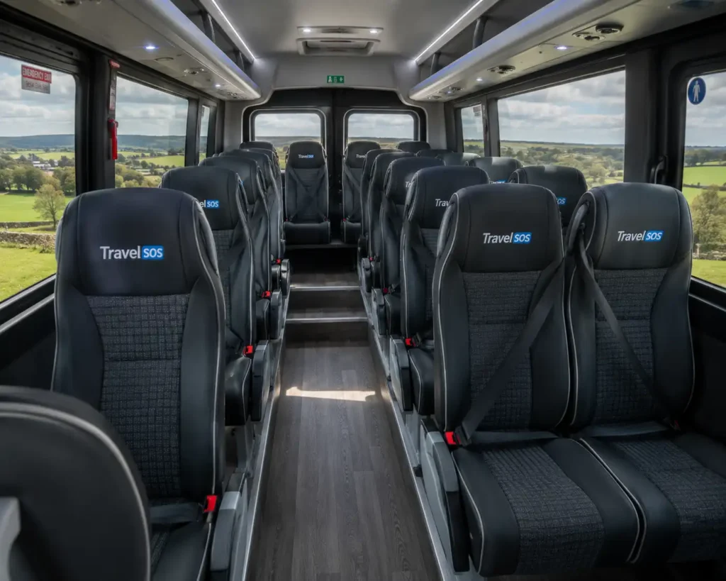 Interior of a Travel SOS minibus showing seating and legroom