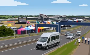 Minibus driving towards Silverstone Circuit for the British Grand Prix