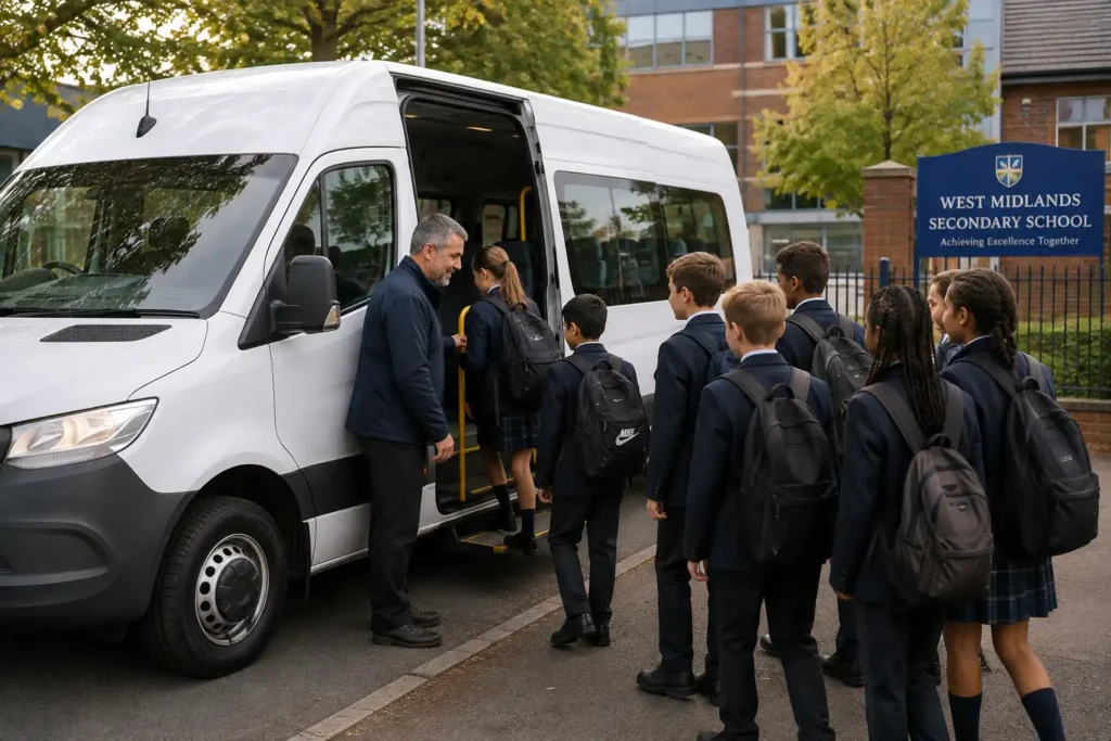 Group of school children boarding a minibus outside a West Midlands school with a driver assisting