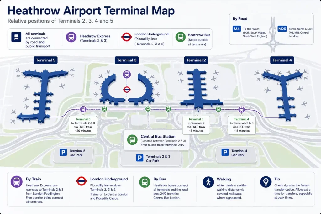 Heathrow Airport terminal map showing the relative positions of Terminals 2, 3, 4 and 5