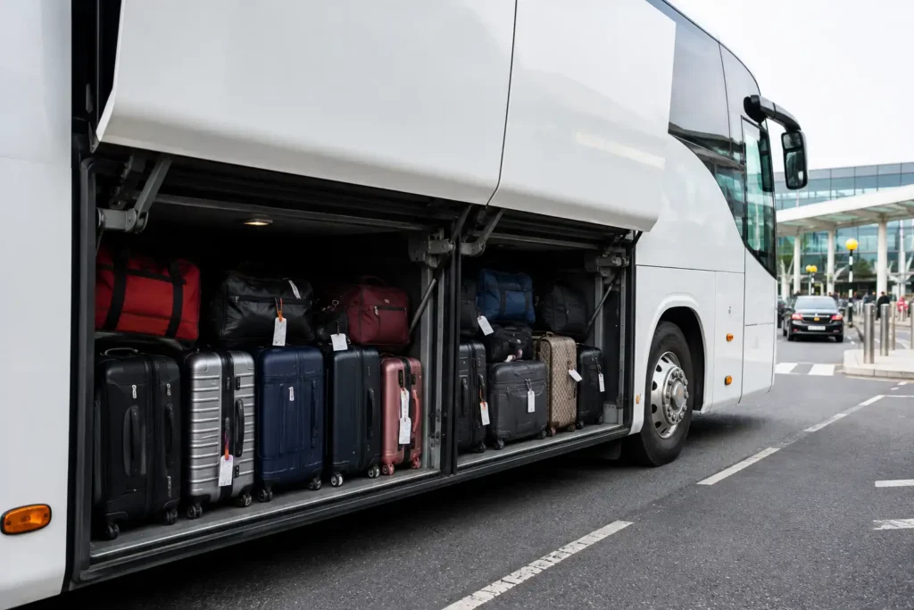 Open luggage hold of a coach packed with suitcases and travel bags before an airport transfer