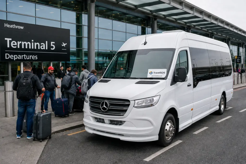 White 16-seater minibus parked outside Heathrow Terminal 5 departures with passengers unloading suitcases