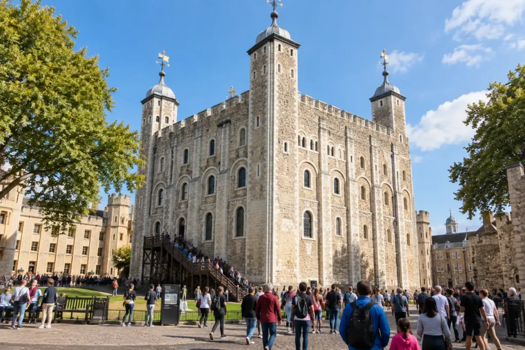 Visitors outside the White Tower at the Tower of London, the most visited paid attraction in the UK